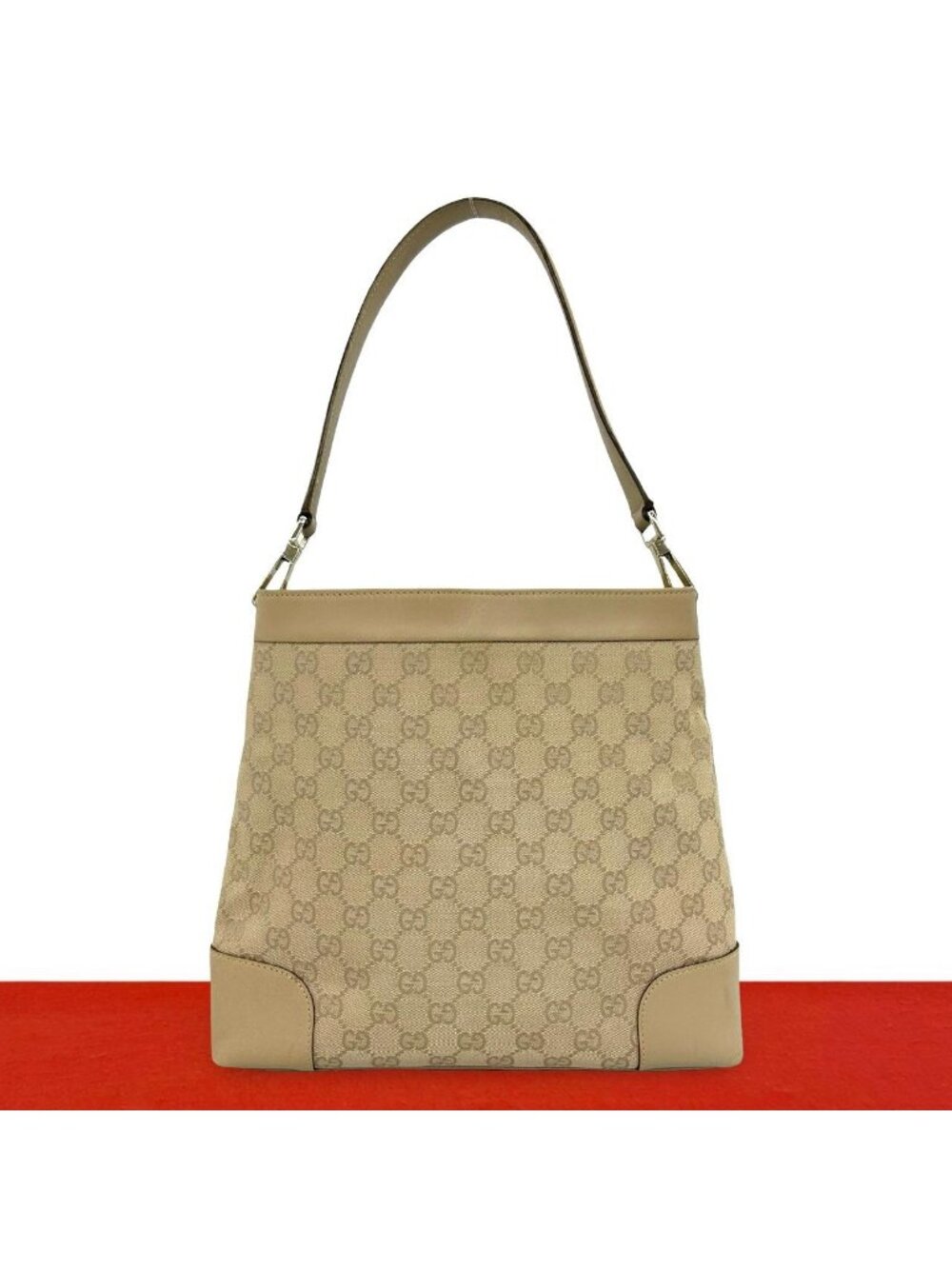 Gucci GG Canvas Pattern Leather Shoulder Bag Tote Beige